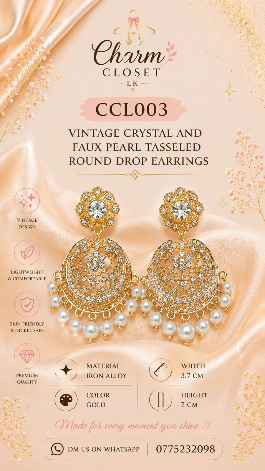 CCL003 – Vintage Crystal & Pearl Tassel Earrings